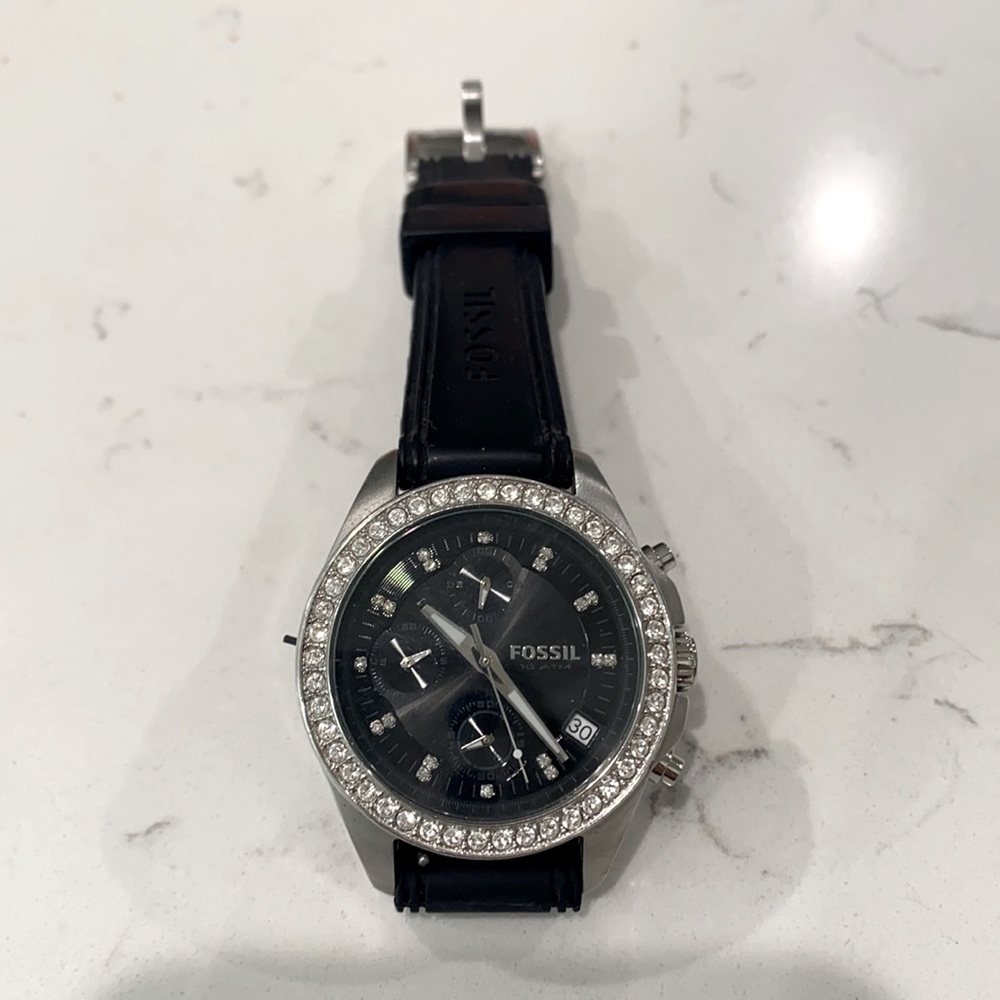 Like new Fossil Black watch with rhinestones